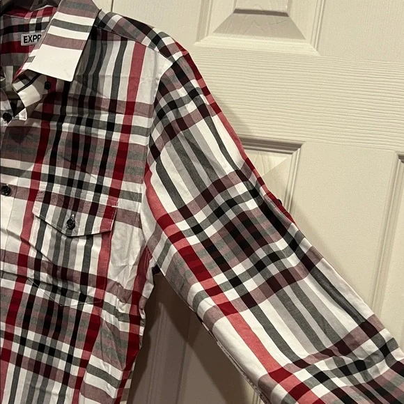 Express Men's Casual Plaid Shirt - Red, Black, White - Picture 7 of 9